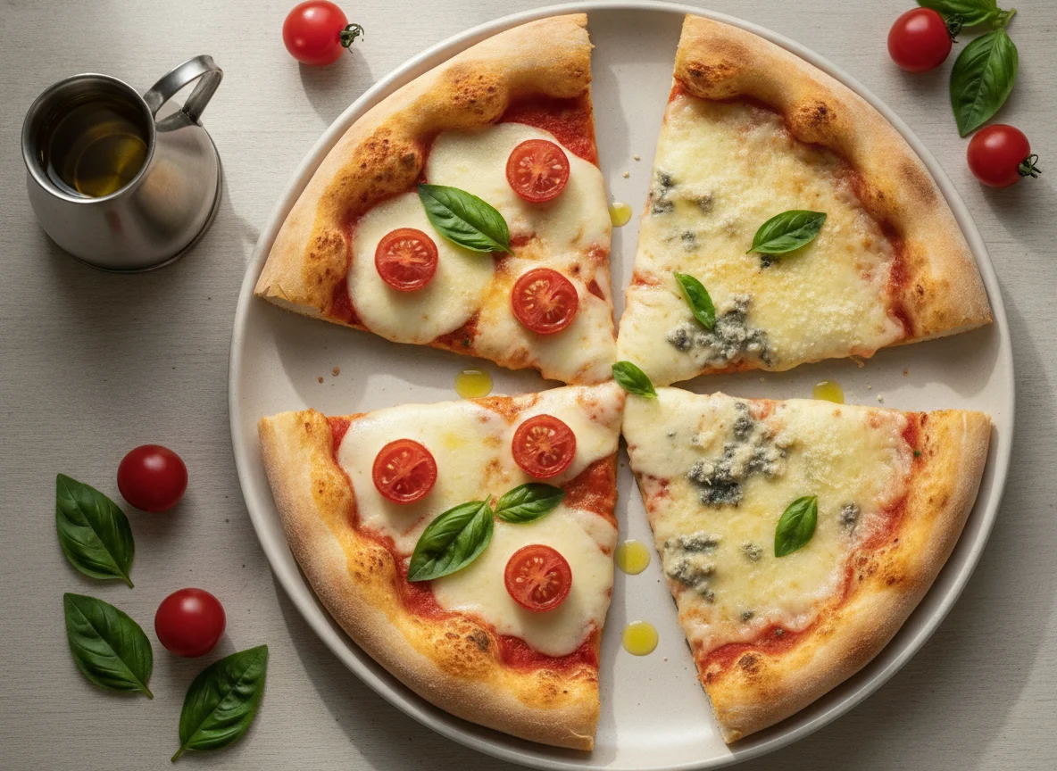 Fatias de Pizza Margherita e Quatro Queijos photo