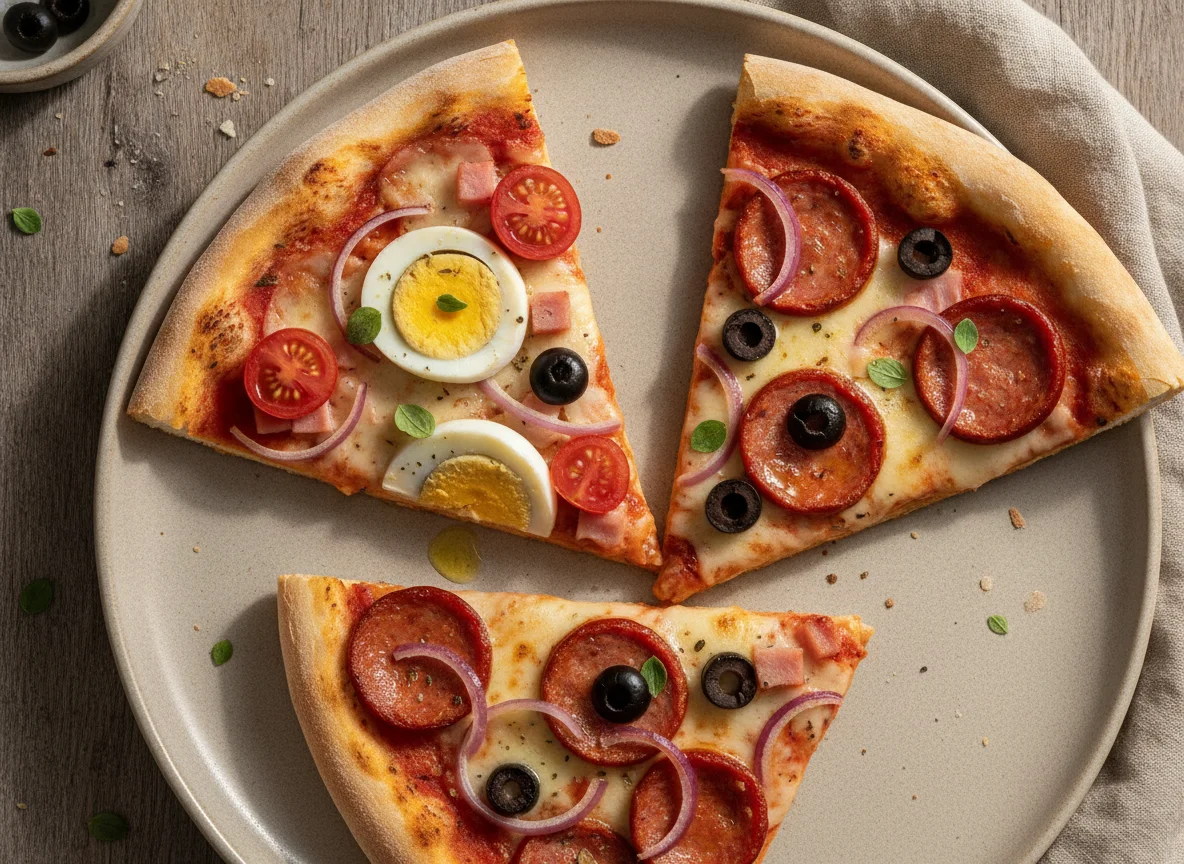 Fatias de Pizza Portuguesa e Calabresa photo