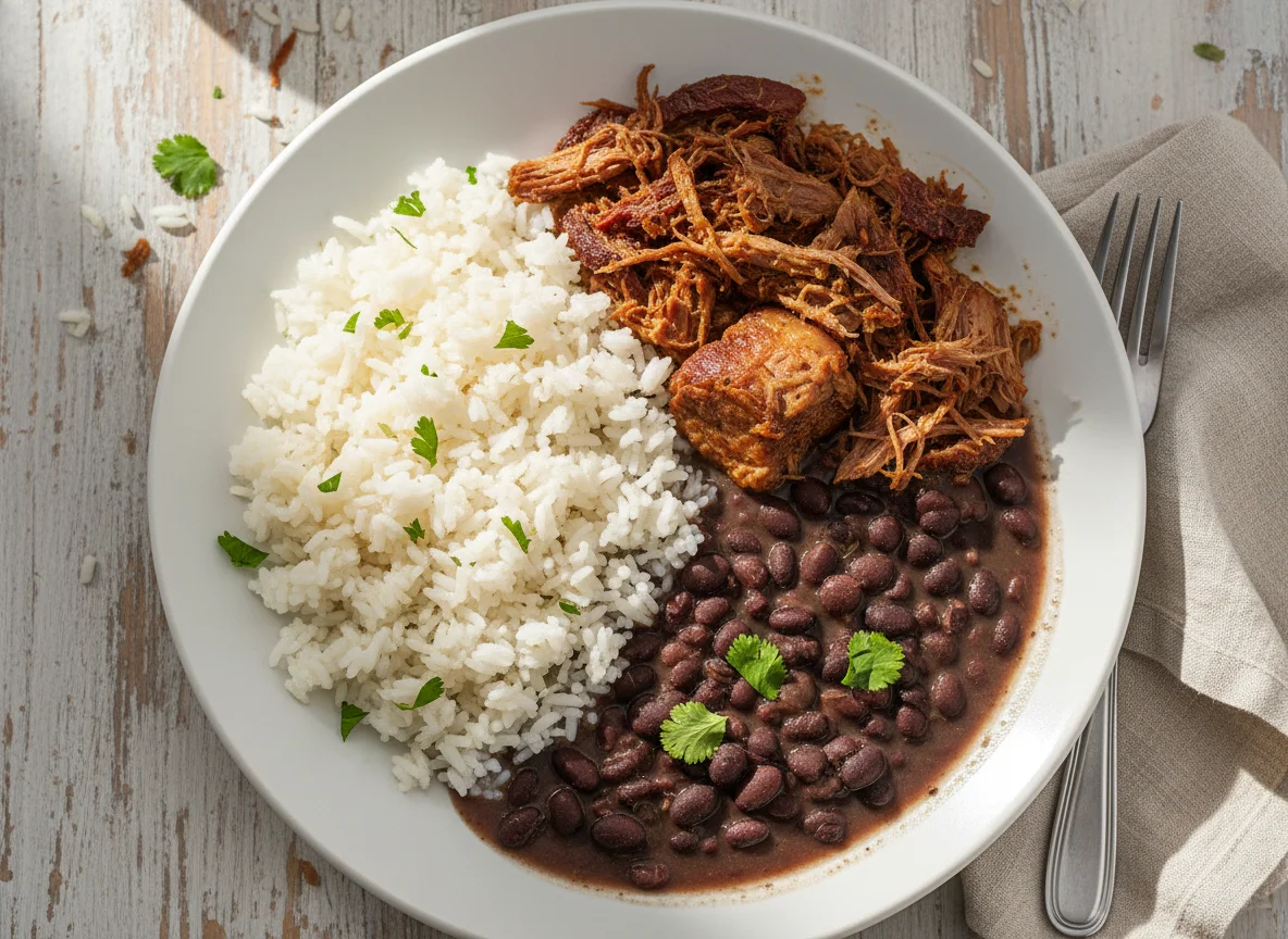 Feijão, arroz e carne desfiada photo