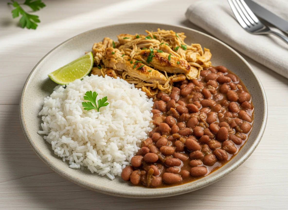 Feijão, arroz e frango desfiado photo