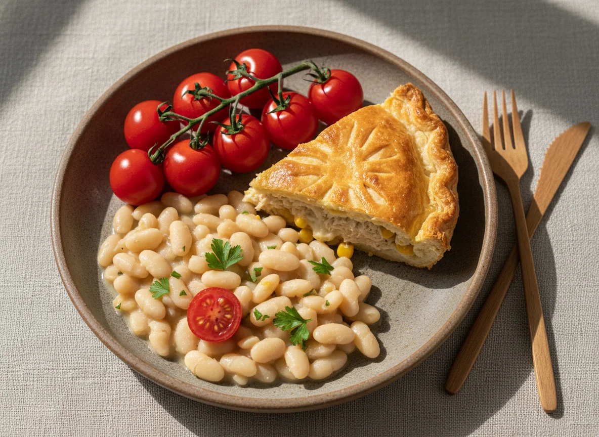 Feijão branco, tomate cereja e torta de frango photo