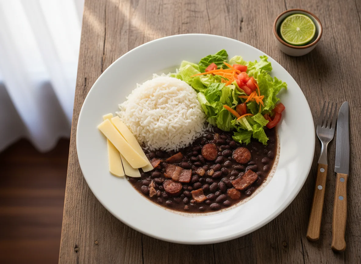 Feijão com arroz, queijo e salada photo