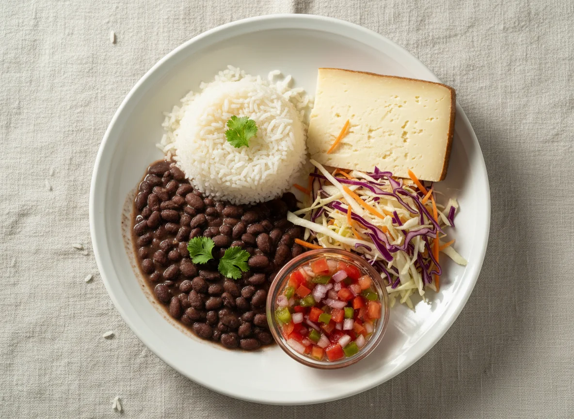 Feijão com arroz, salada e queijo photo