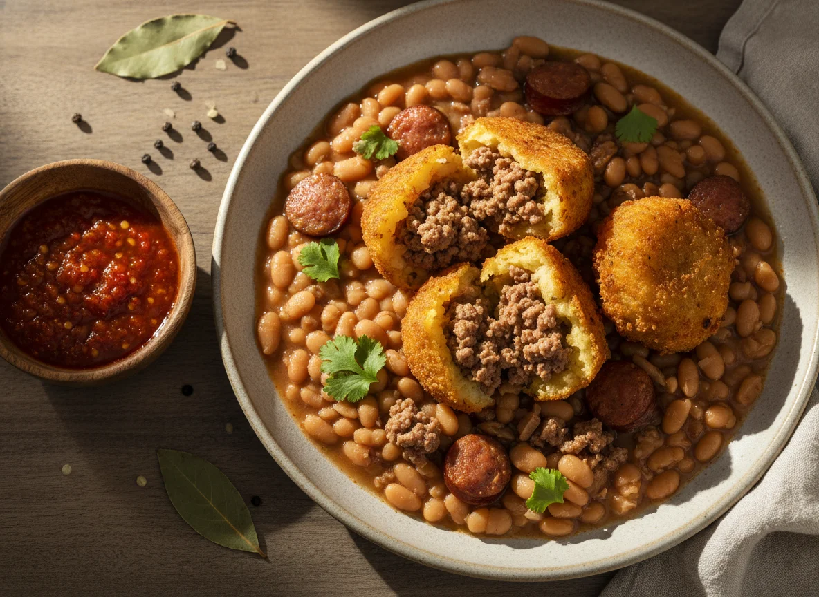 Feijão com Bolinho de Mandioca e Carne Moída photo