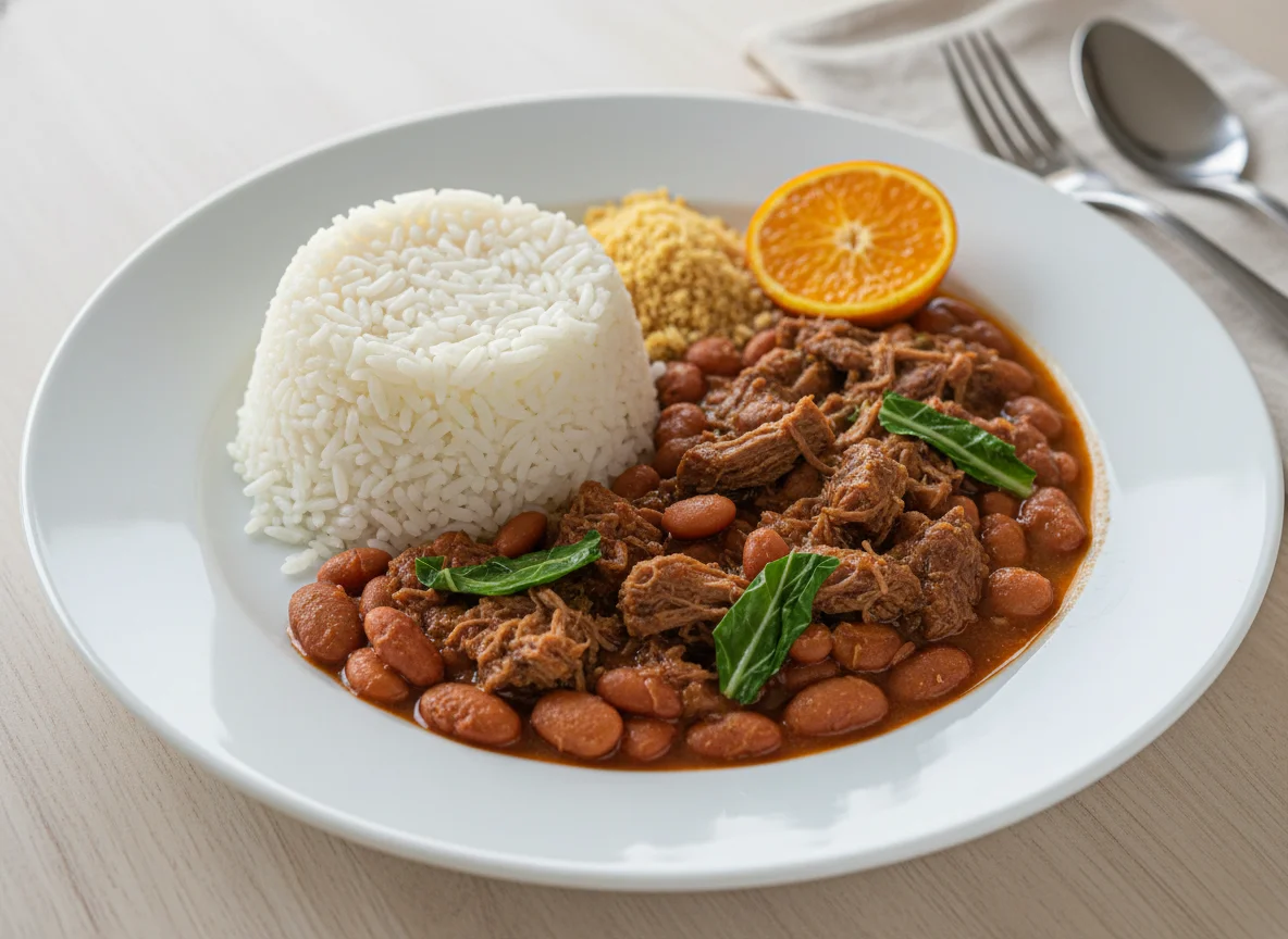 Feijão com carne desfiada e arroz photo