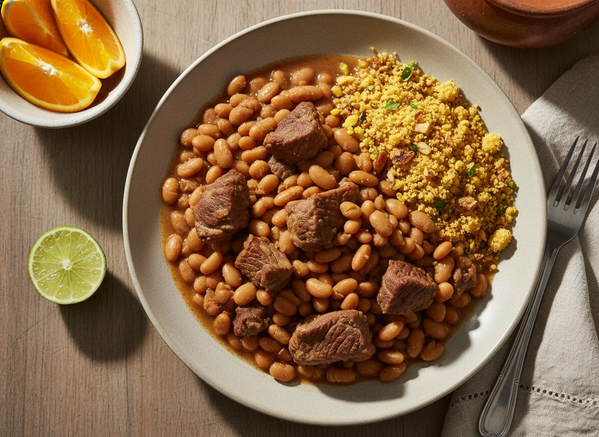Feijão com carne e farofa photo