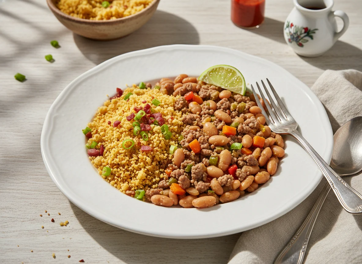 Feijão com carne moída e farofa photo