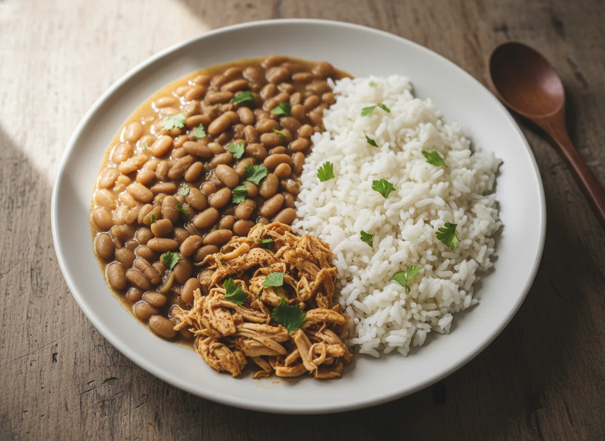 Feijão com frango desfiado e arroz photo