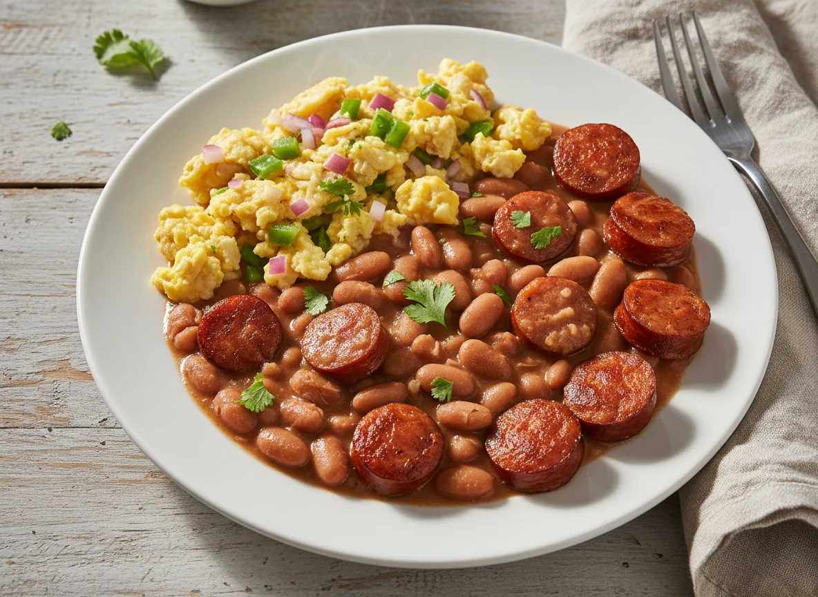 Feijão com linguiça e ovos mexidos photo