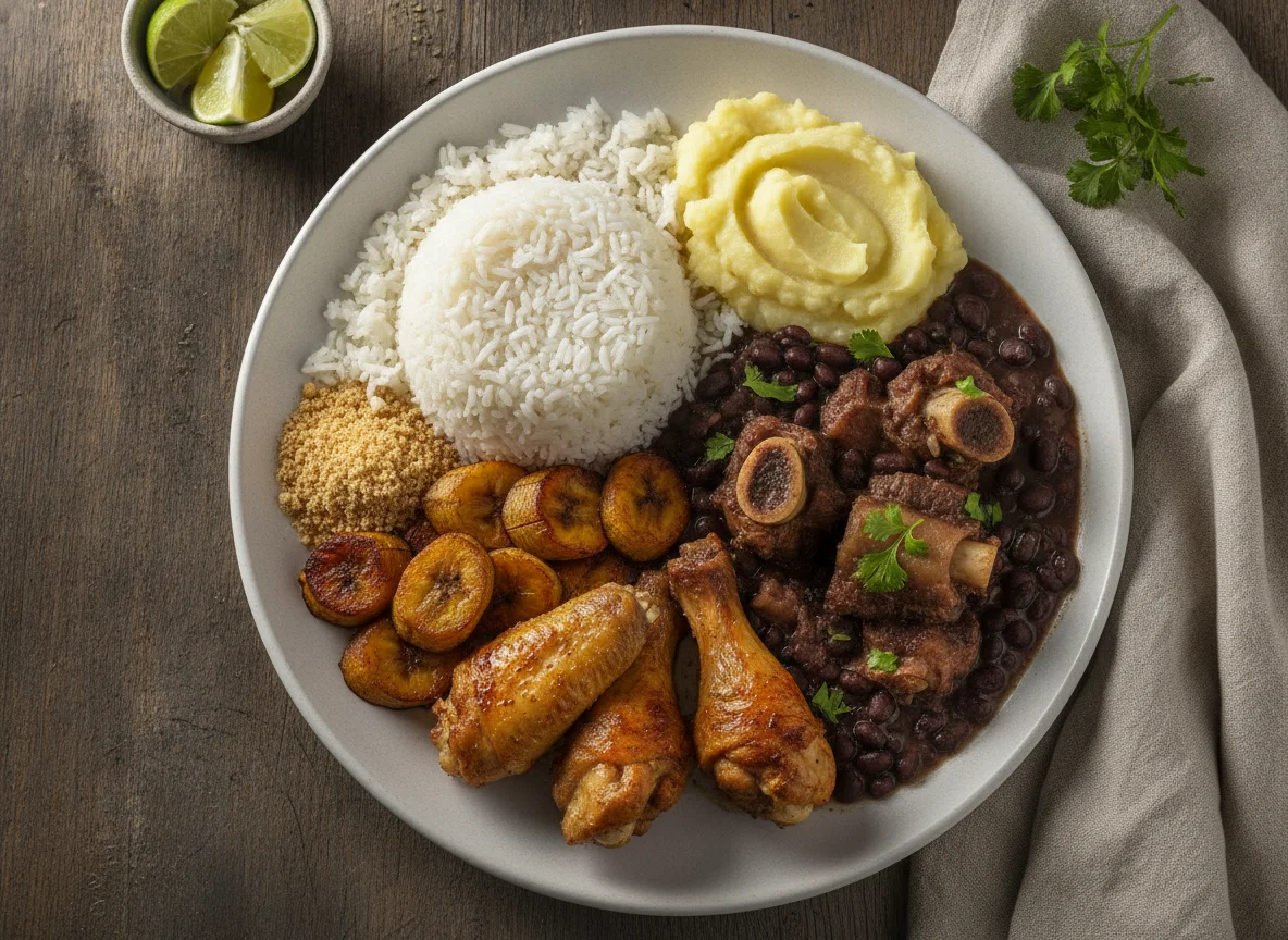 Feijão com mocotó, asinha de frango, banana da terra e arroz photo