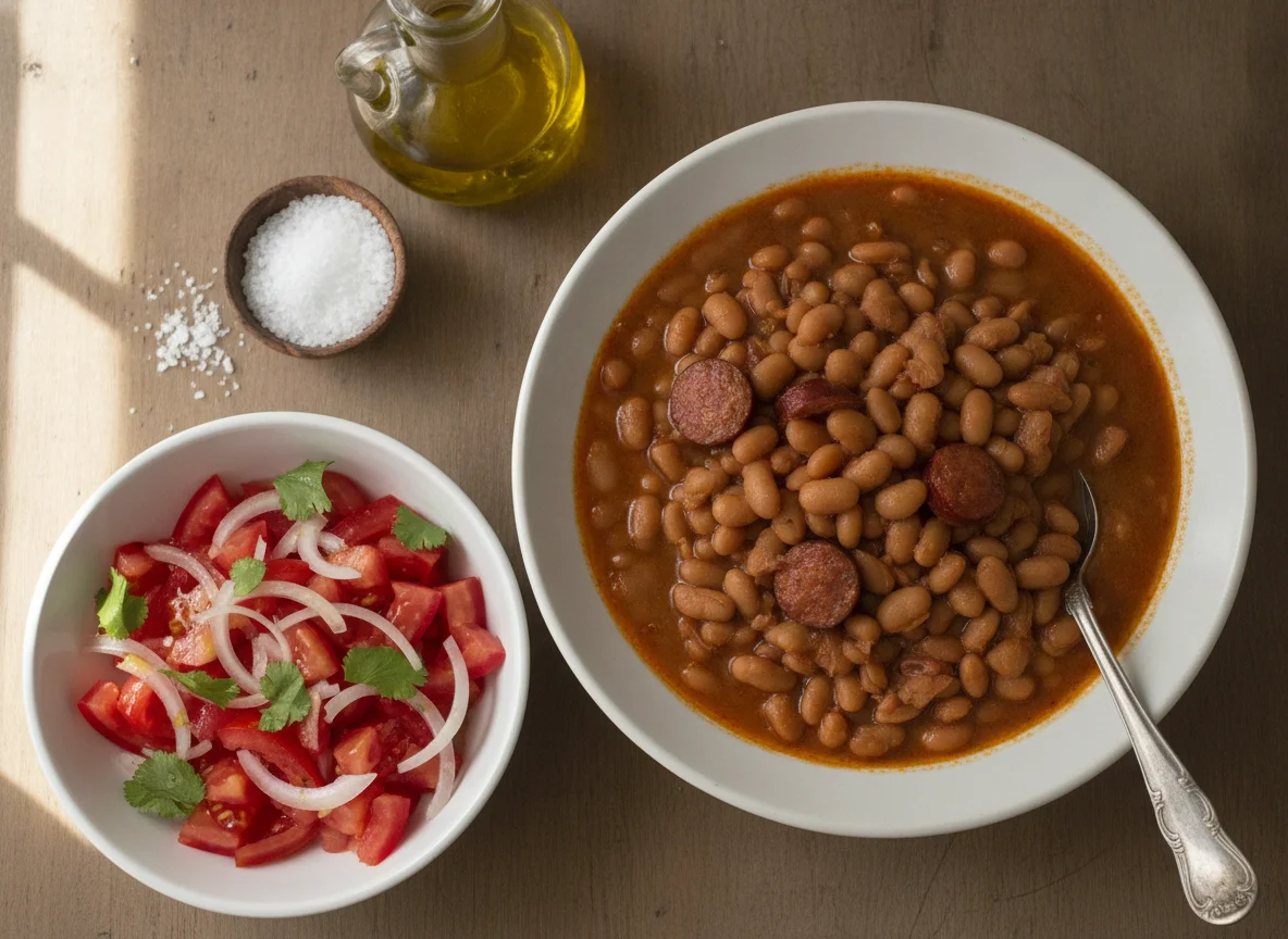Feijão cozido com salada de tomate e cebola photo
