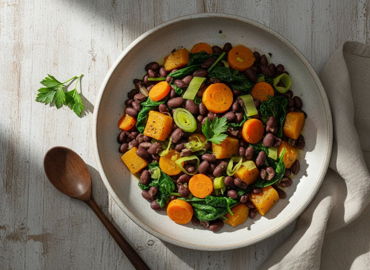 Feijão espinafres abóbora e alho francês e cenouras photo