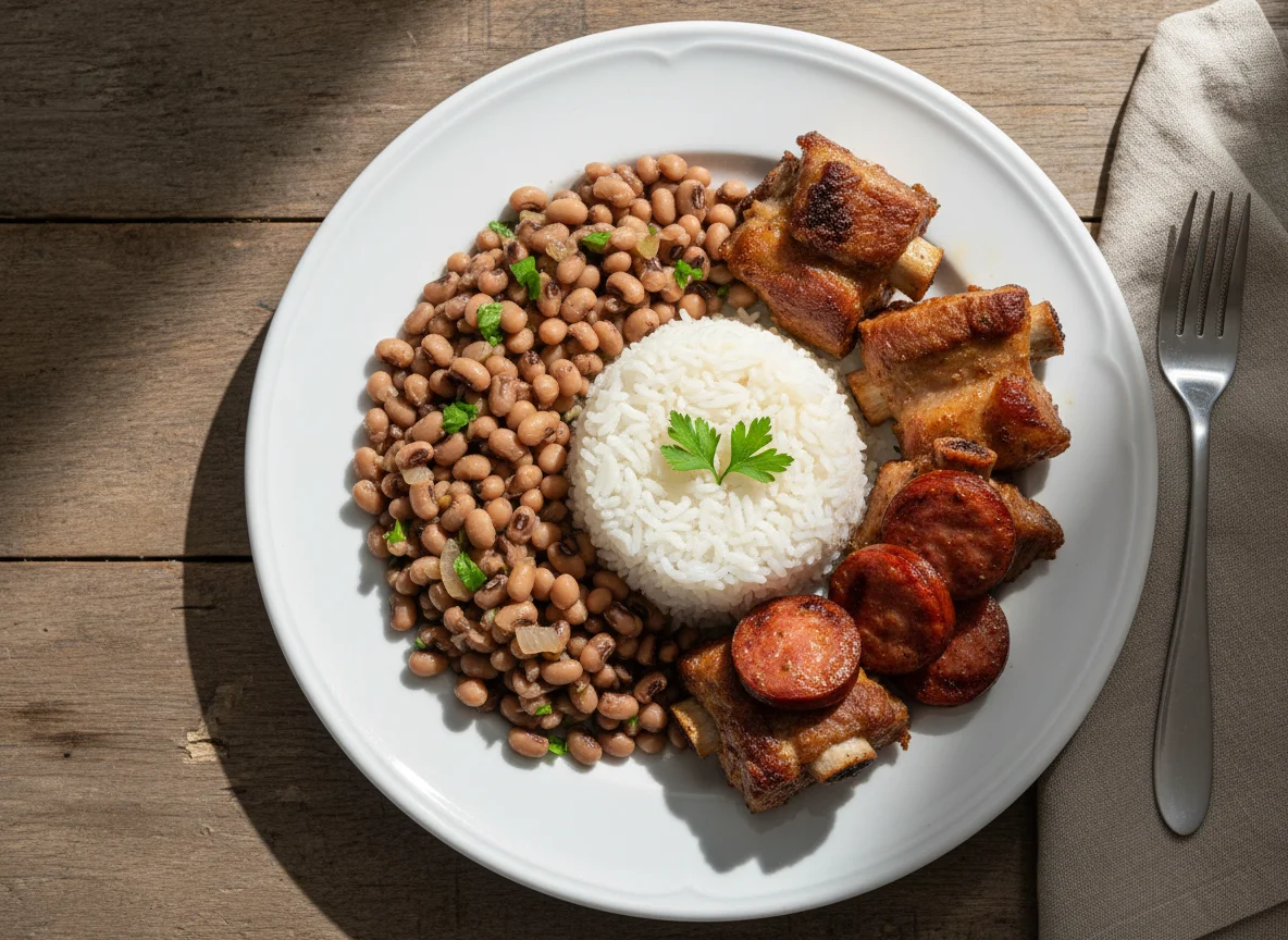 Feijão fradinho com arroz e costelinha de porco photo