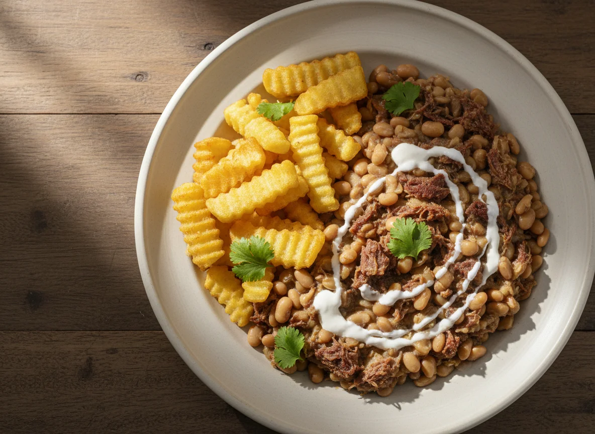 Feijão fradinho com carne seca e mandioca frita photo
