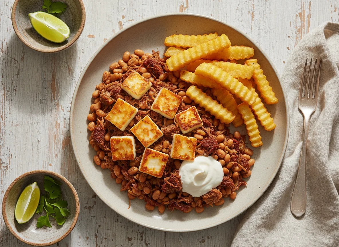 Feijão fradinho com carne seca e queijo coalho, acompanhado de mandioca frita photo