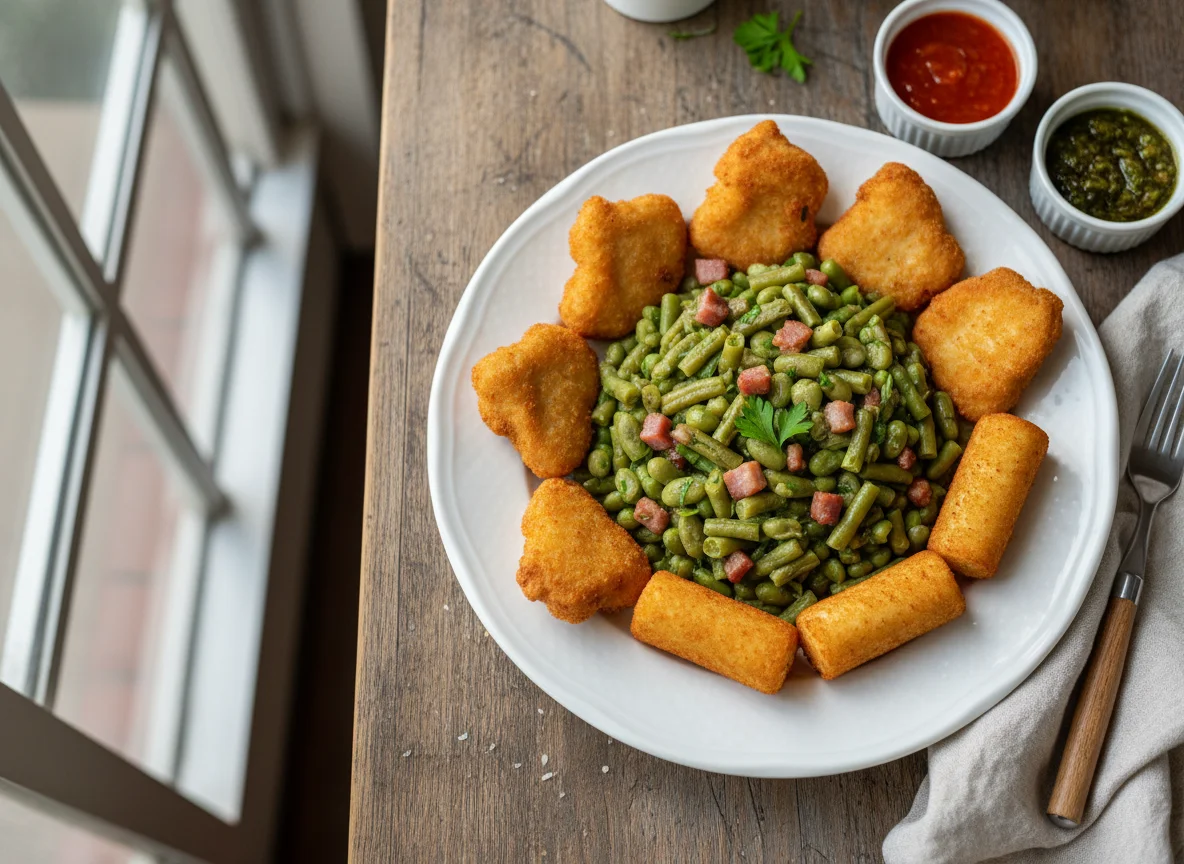 Feijão-verde com nuggets e croquetes de batata photo