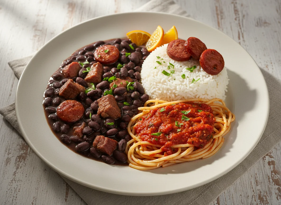 Feijoada com arroz e macarrão photo