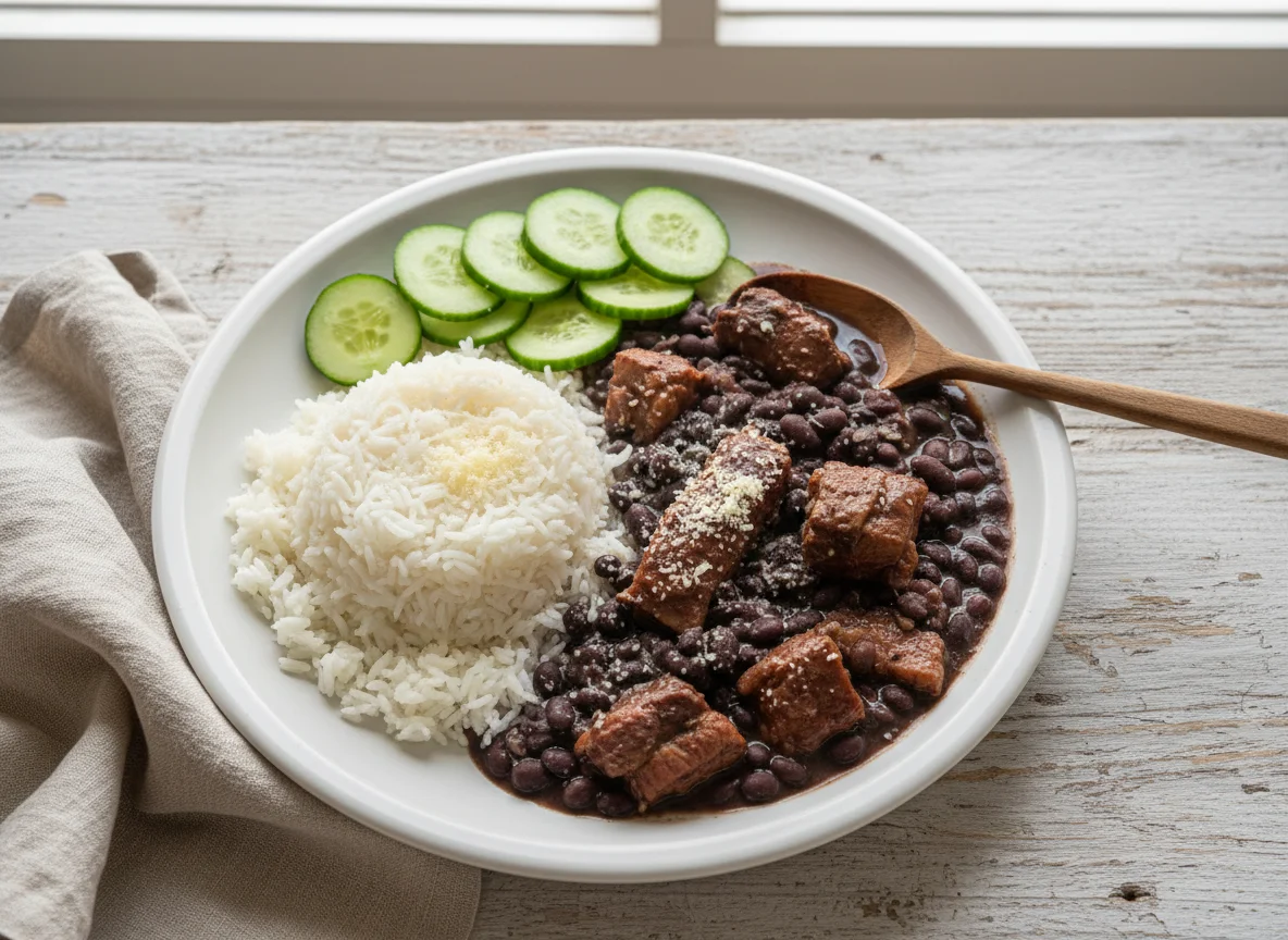Feijoada com arroz e pepino photo