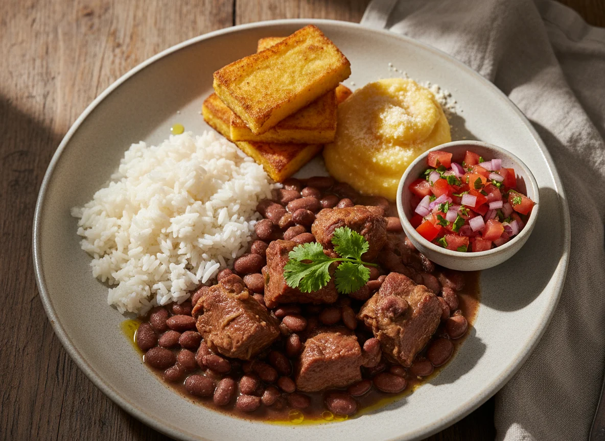 Feijoada com carne de porco e polenta photo