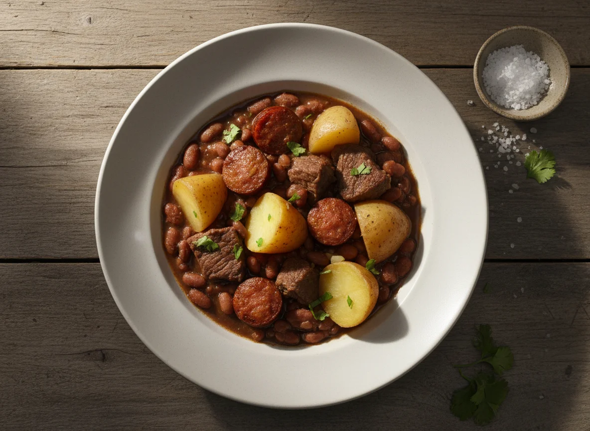Feijoada com carne, linguiça e batata photo
