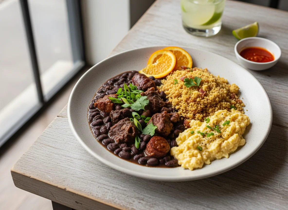 Feijoada com farofa e ovos mexidos photo