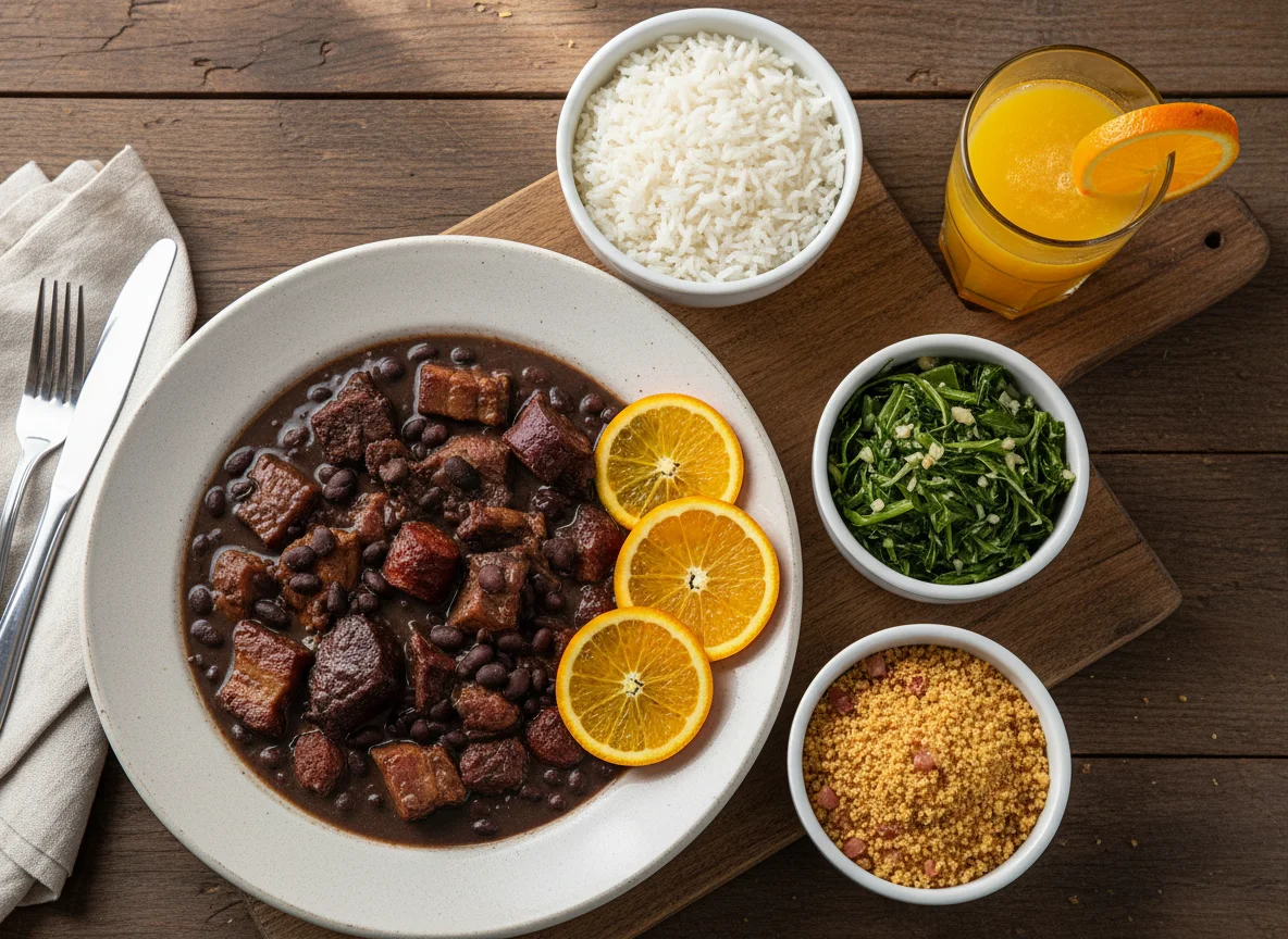 Feijoada completa com acompanhamentos e suco de laranja photo