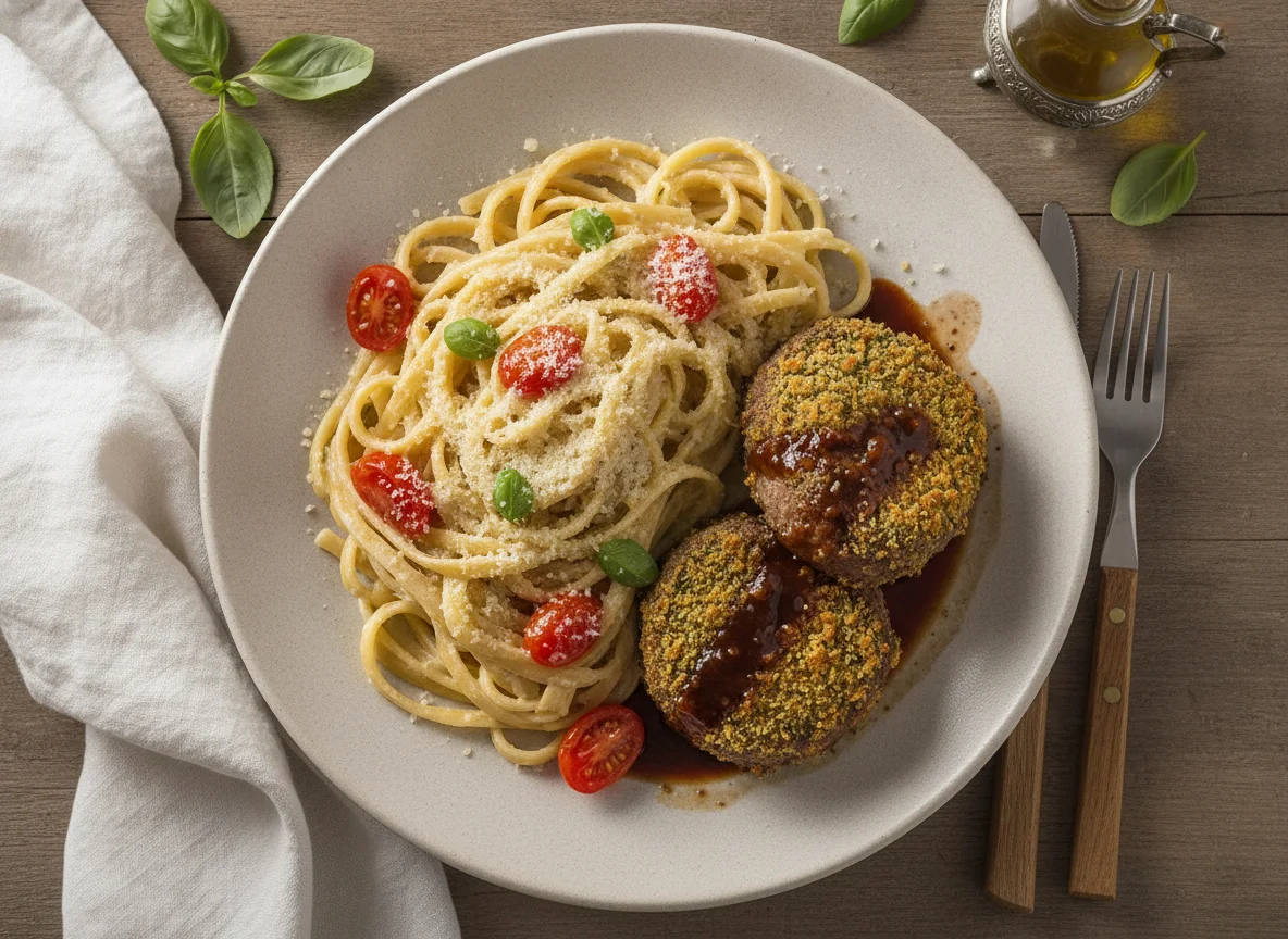 Fettuccine Alfredo com Tomate Cereja e Filé Mignon com Crosta photo