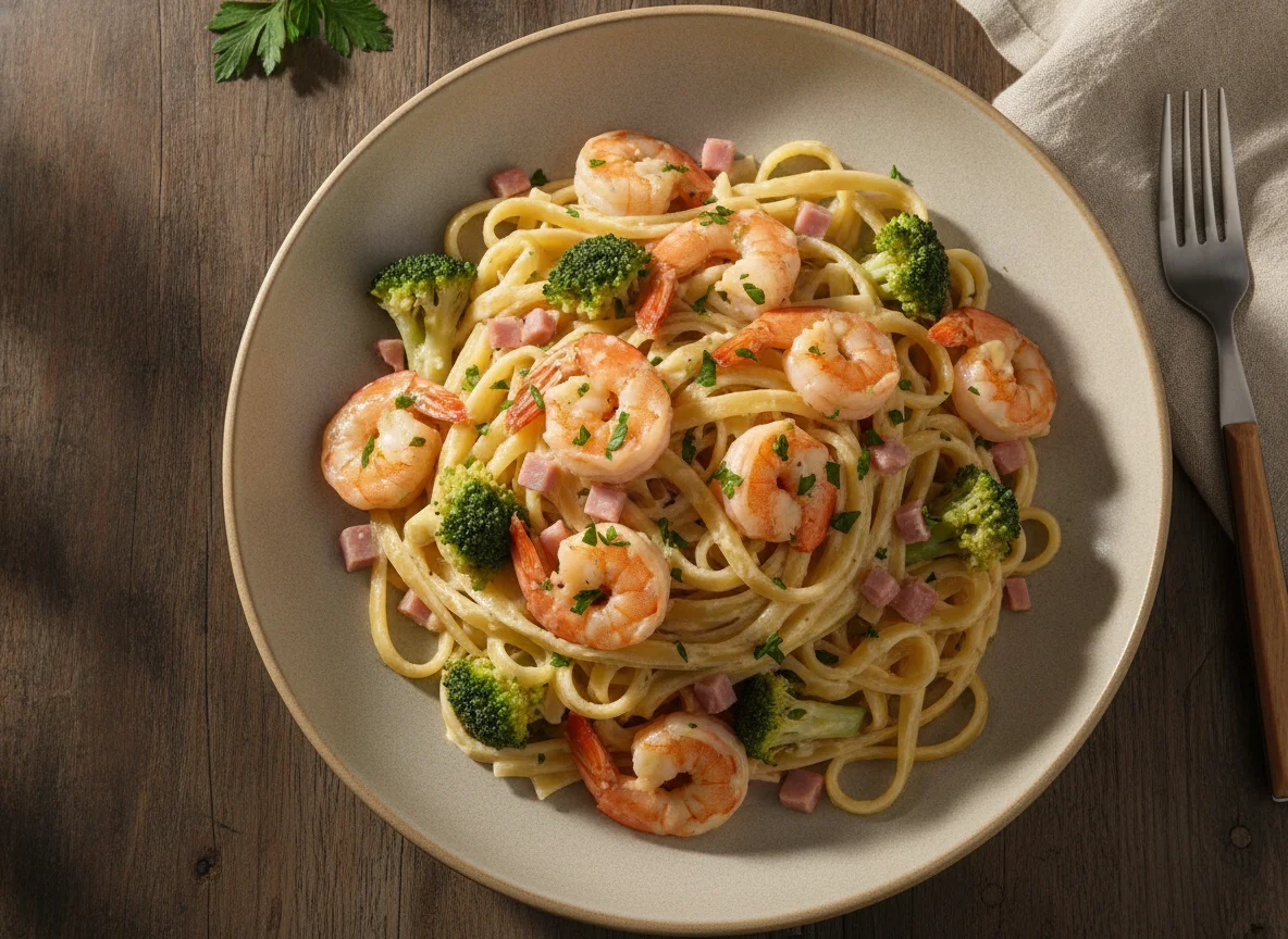 Fettuccine com Camarão, Brócolis e Molho Branco photo