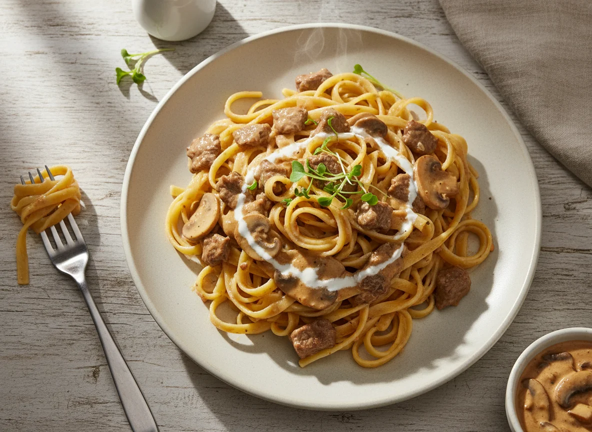 Fettuccine com Estrogonofe de Carne photo