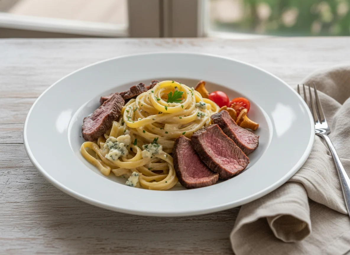 Fettuccine com Filet Mignon e Molho Gorgonzola photo