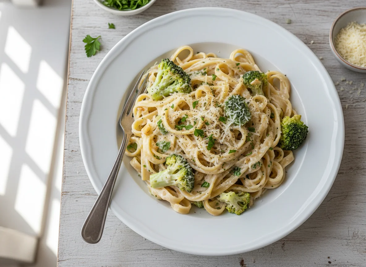 Fettuccine com molho branco e brócolis photo