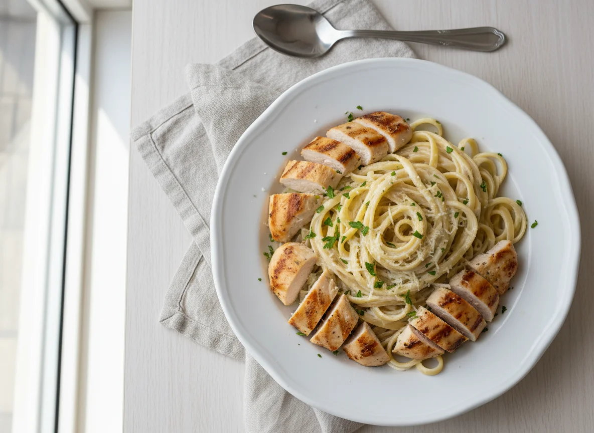 Fettuccine com molho branco e frango photo
