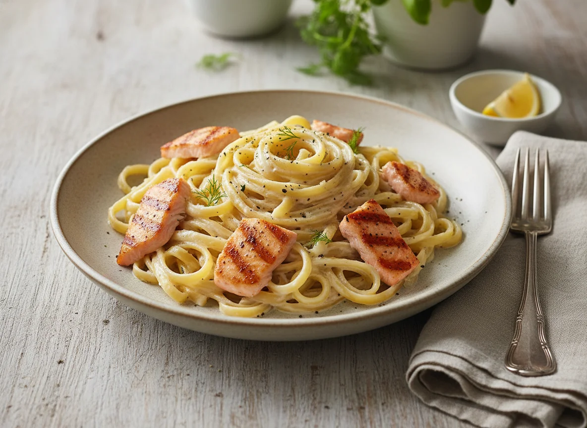 Fettuccine com molho branco e salmão photo