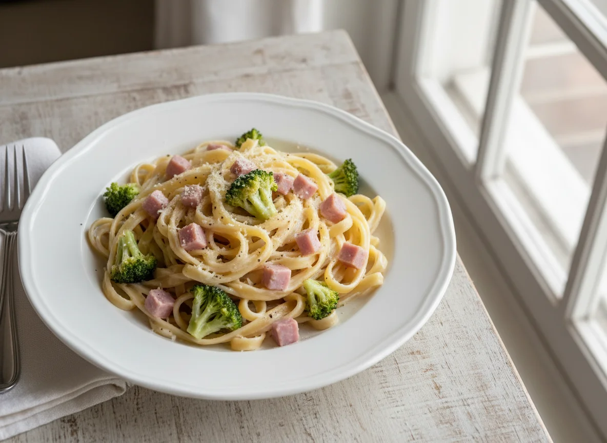 Fettuccine com Molho Branco, Presunto e Brócolis photo