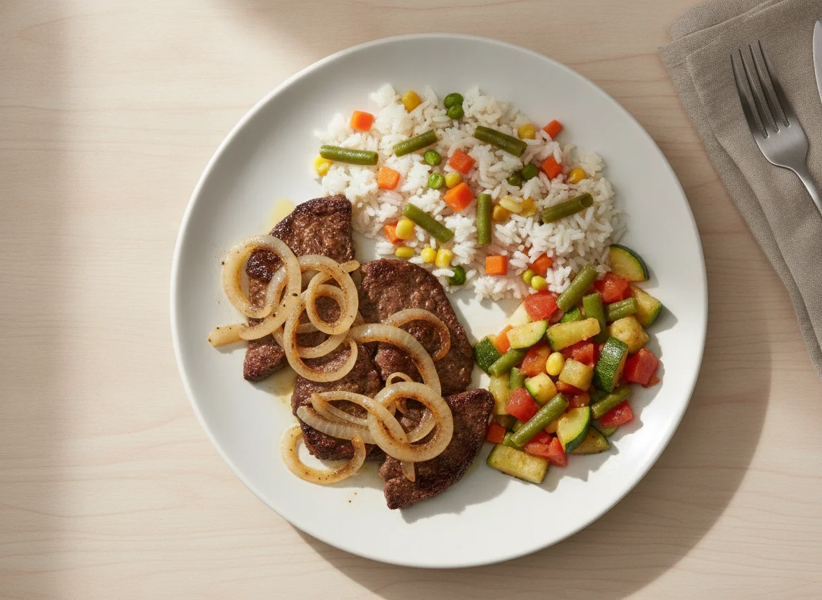 Fígado acebolado com arroz colorido e refogado de legumes photo