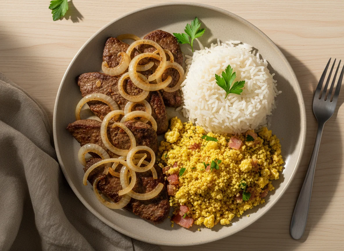 Fígado acebolado com arroz e farofa de ovo photo