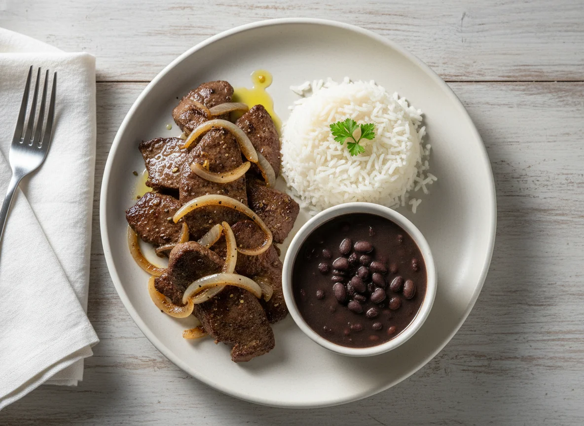 Fígado acebolado com arroz e feijão photo