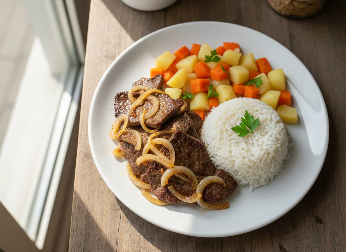 Fígado acebolado com arroz e legumes photo