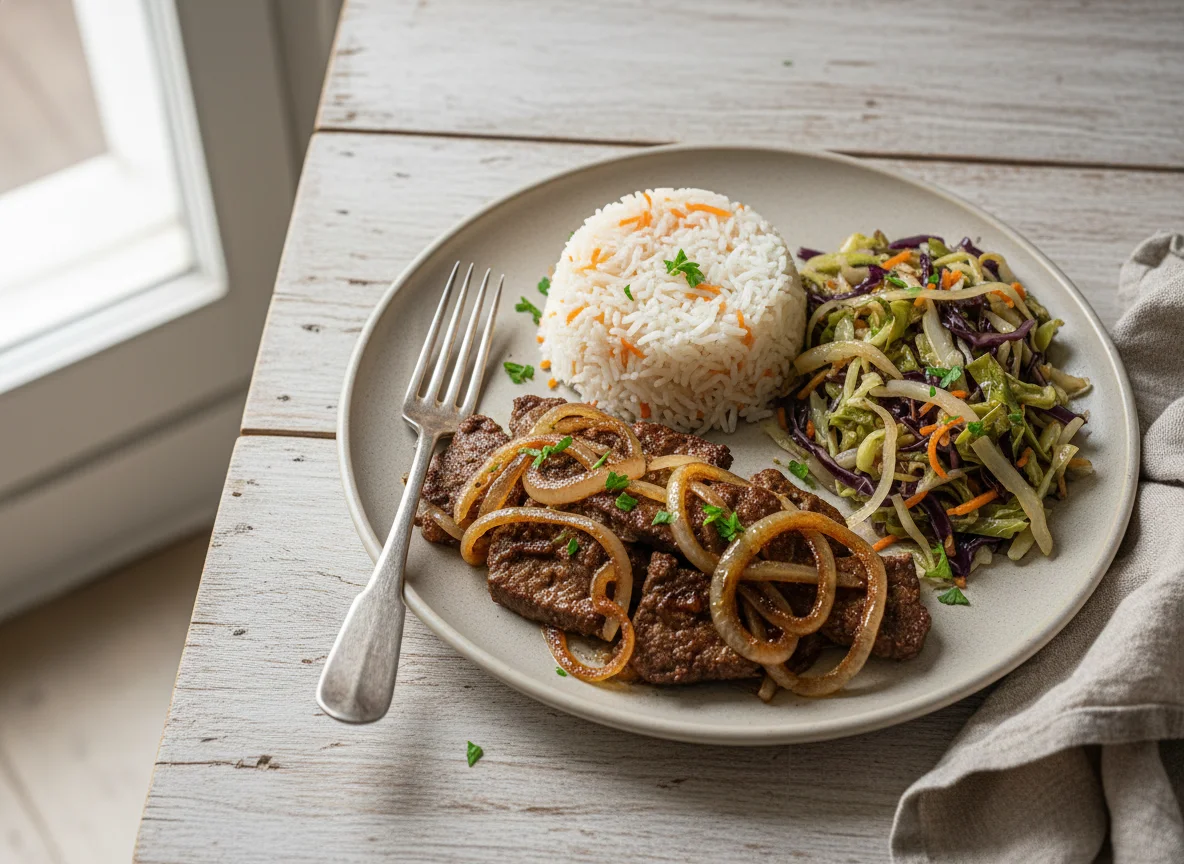 Fígado acebolado com arroz e repolho refogado photo