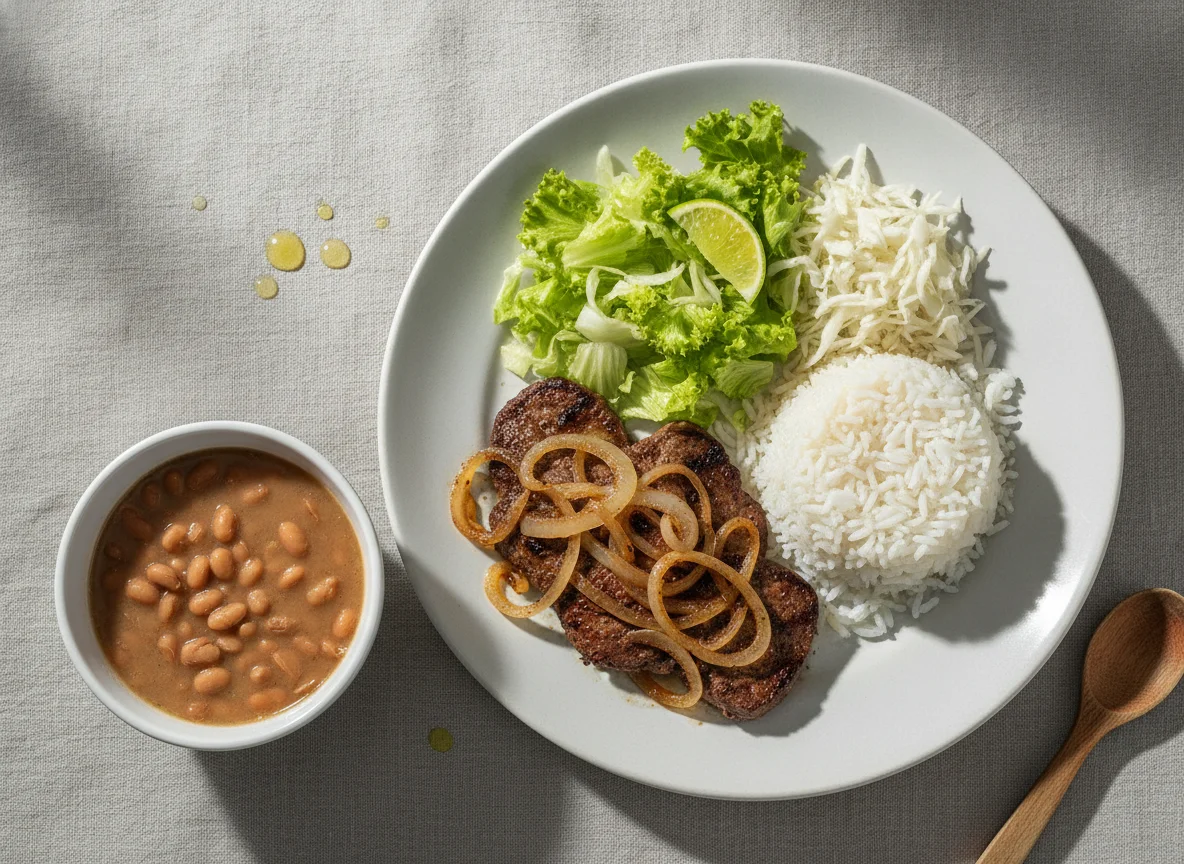 Fígado acebolado com arroz, feijão e salada photo