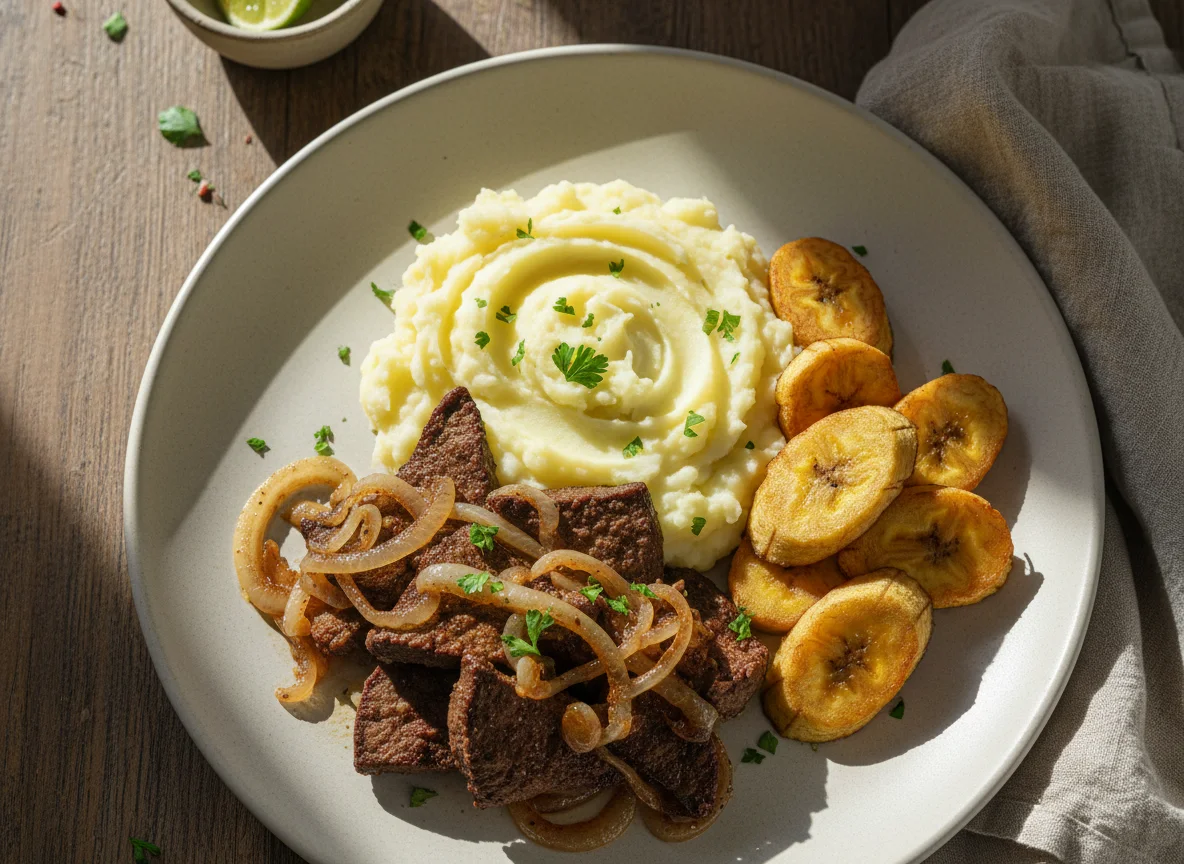 Fígado acebolado com purê de batata e banana da terra photo