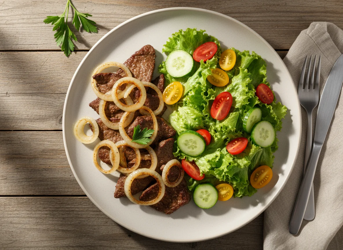 Fígado Acebolado com Salada photo