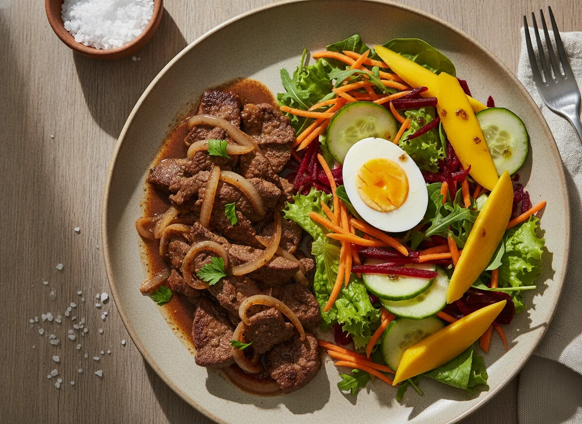 Fígado acebolado com salada e ovo cozido photo