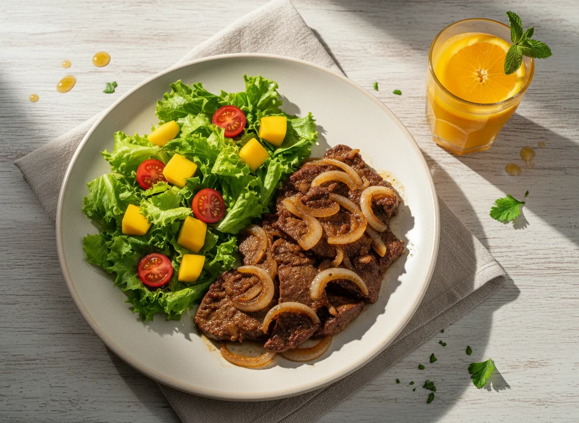 Fígado acebolado com salada e suco de laranja photo