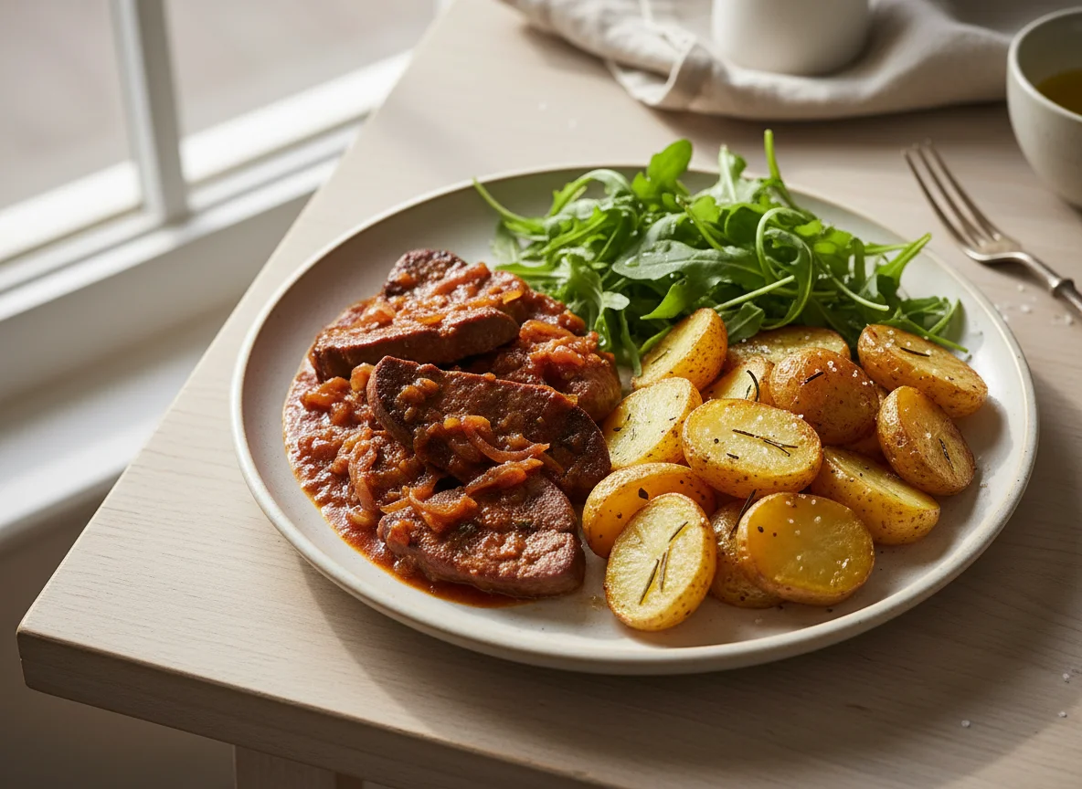 Fígado com batatas assadas e rúcula photo