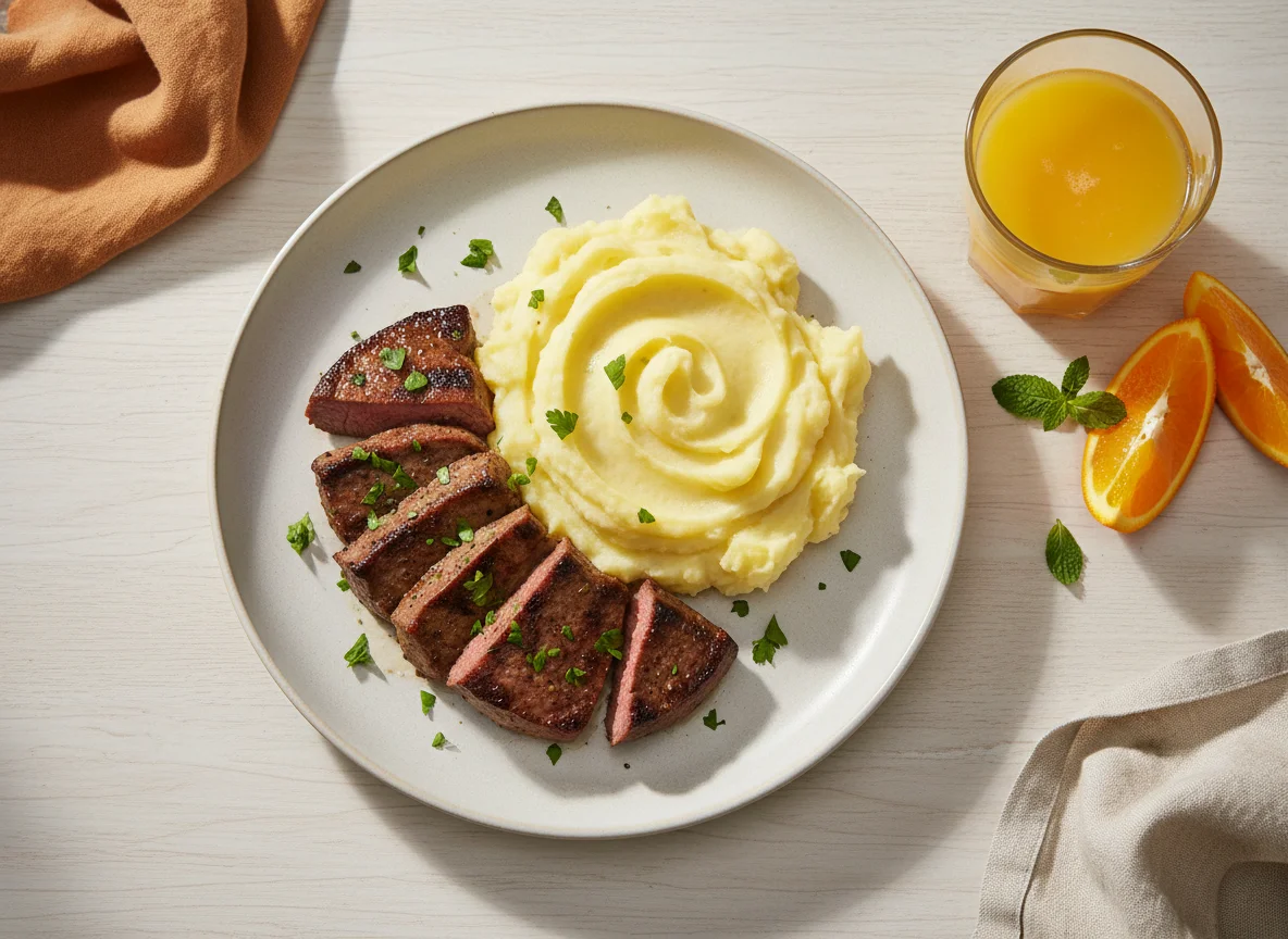 Fígado com purê de batata e suco de laranja photo