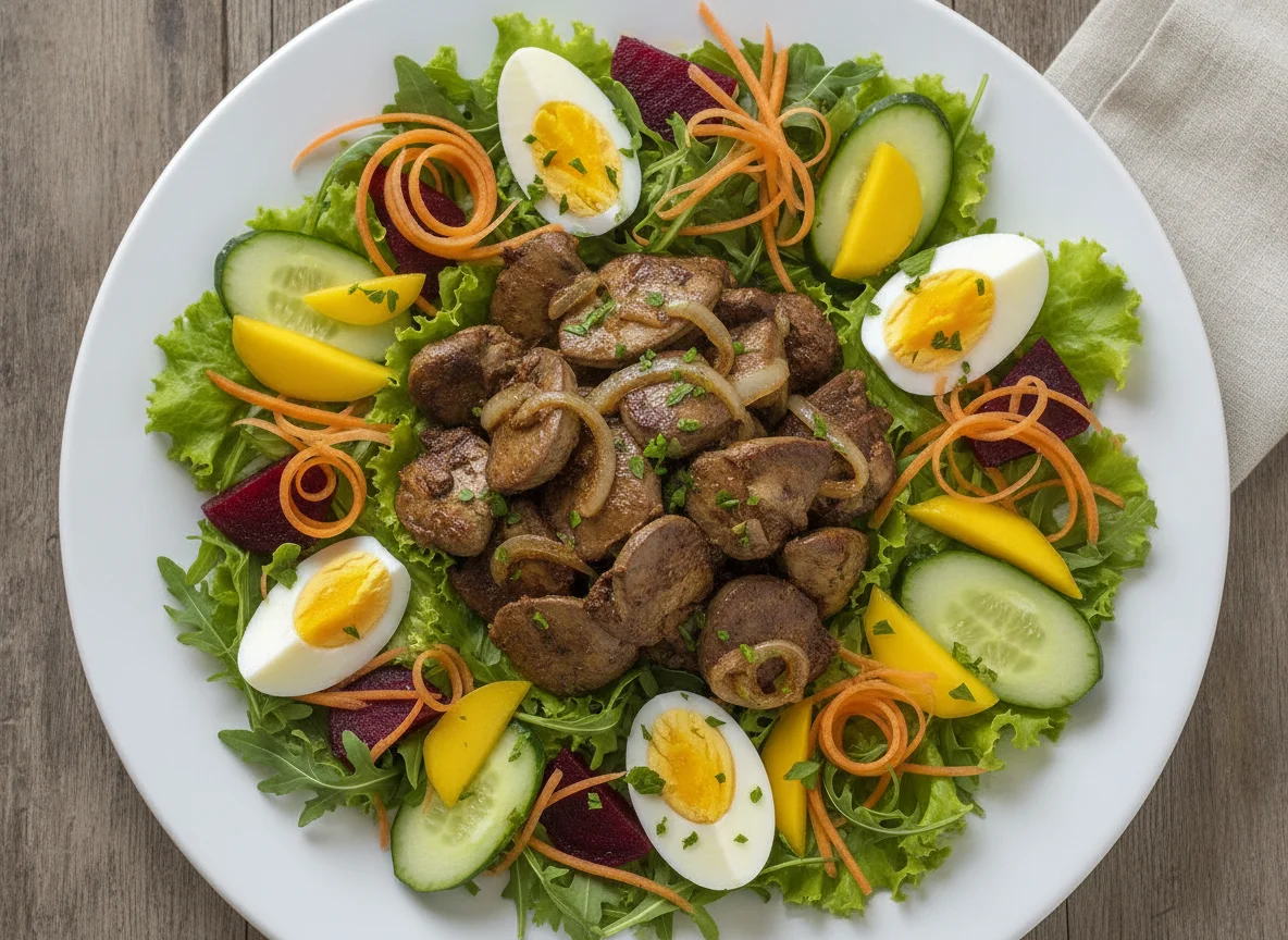 Fígado de frango acebolado com salada mista e ovo photo