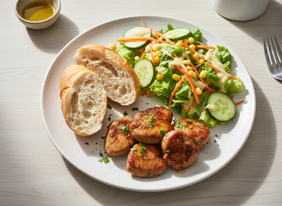 Fígado de frango com salada e pão photo