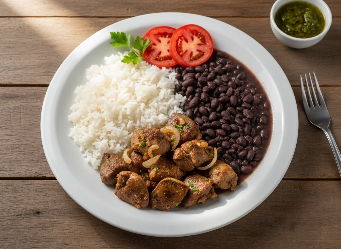 Fígado de galinha com arroz, feijão e tomate photo