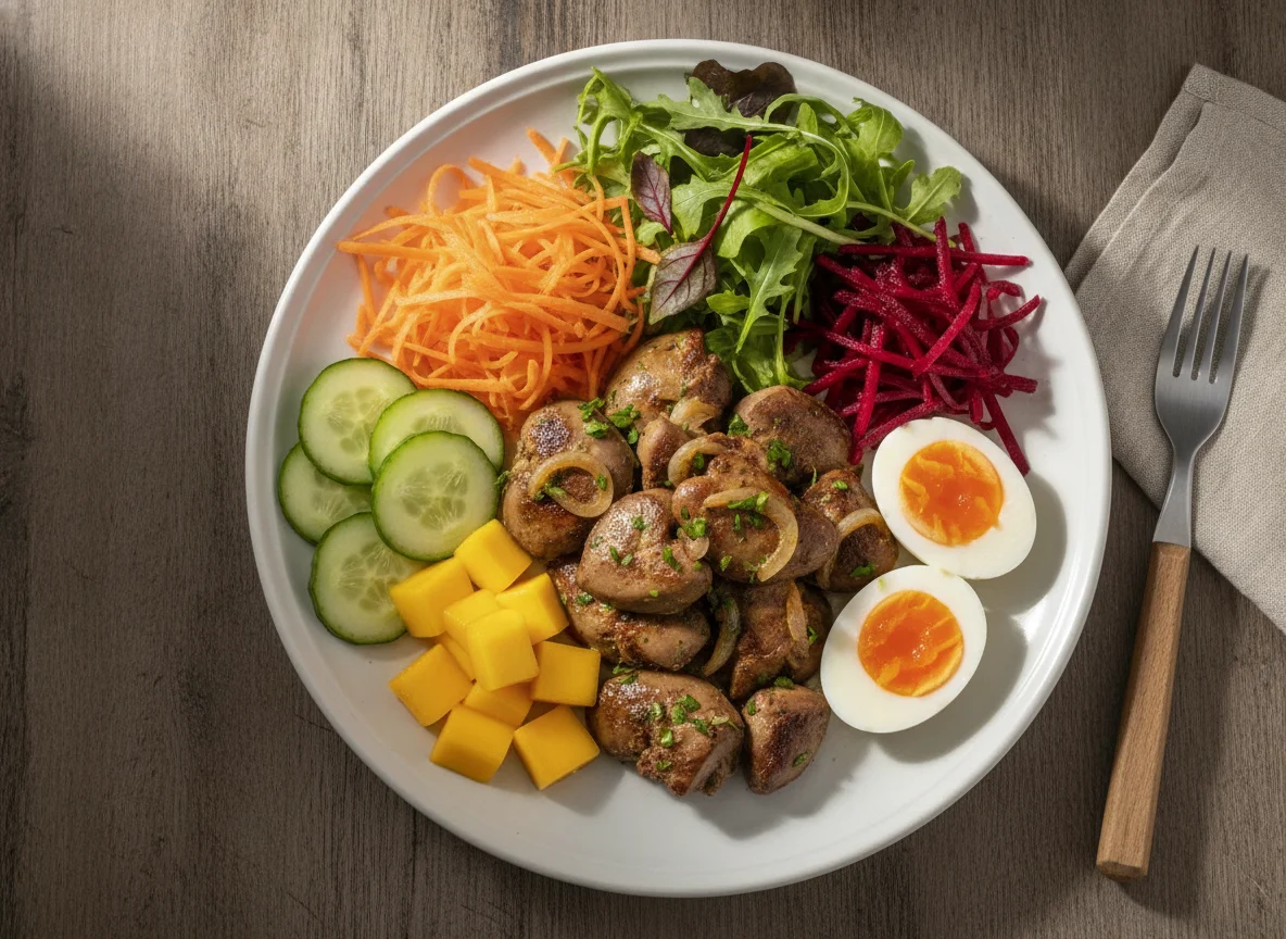 Fígado de galinha com salada e ovo photo